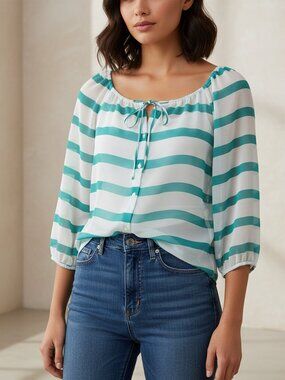 NEW Ann Taylor S Blouse Top Green White Striped Sheer Tie Neck Office Siren Boho